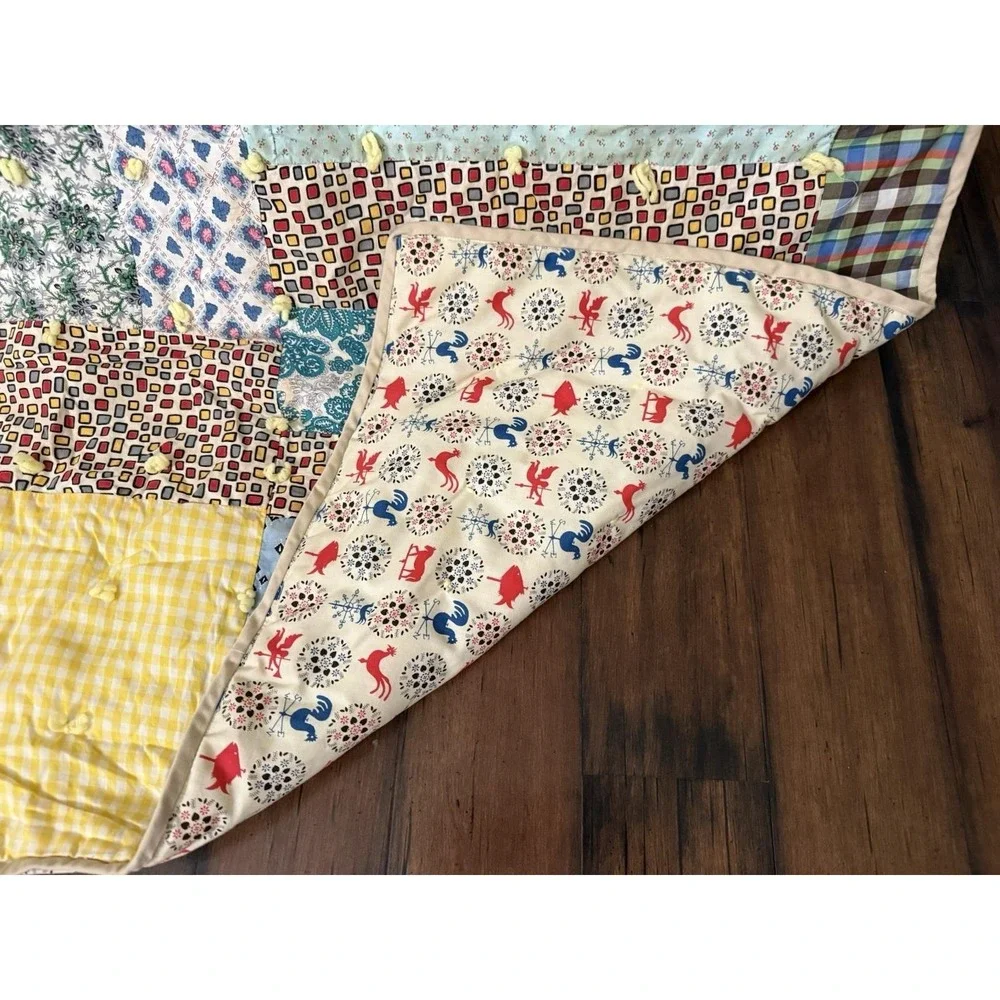 VTG Hand-Made Patchwork‎ Quilt Yarn Tied 64x80 Farmhouse Chickens Cottagecore